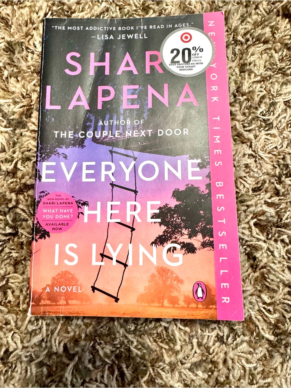 Shar Lapena Everyone Here Is Lying - Pink Gradient Paperback Novel